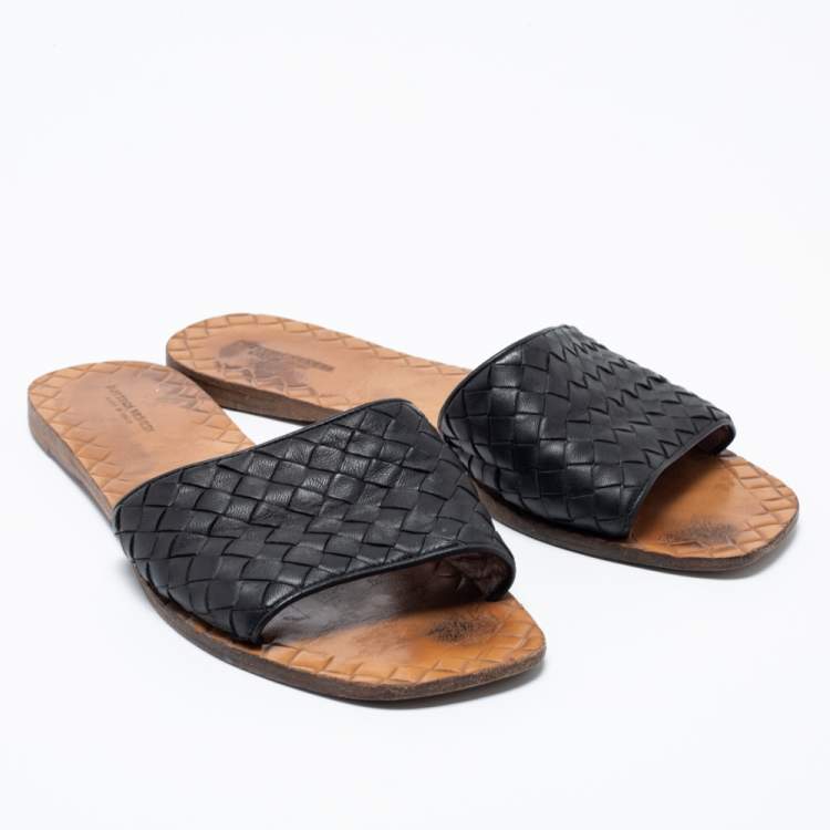 Pre Owned Bottega Veneta Black Intrecciato Leather Flat Slides Size 40