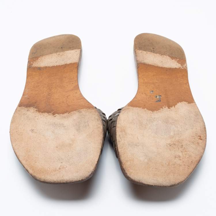Pre Owned Bottega Veneta Brown Intrecciato Leather Flat Slides Size 40