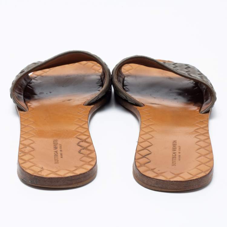 Pre Owned Bottega Veneta Brown Intrecciato Leather Flat Slides Size 40
