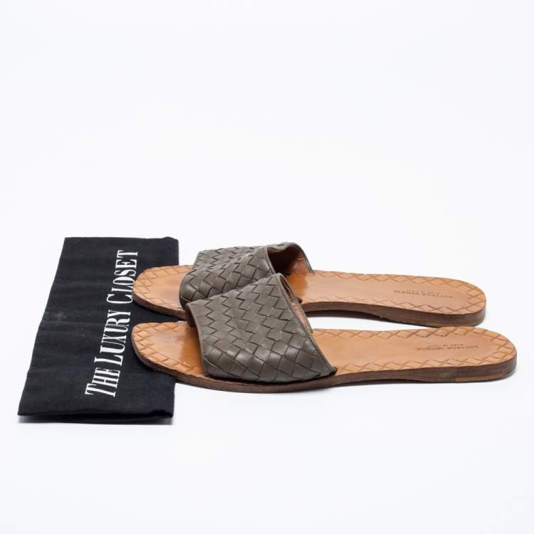Pre Owned Bottega Veneta Brown Intrecciato Leather Flat Slides Size 40