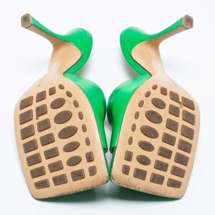 Pre Owned Bottega Veneta Green Leather Square Open Toe Sandals Size 38