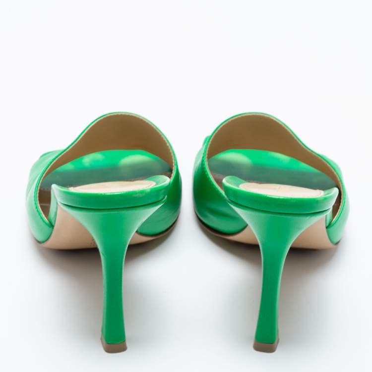 Pre Owned Bottega Veneta Green Leather Square Open Toe Sandals Size 38