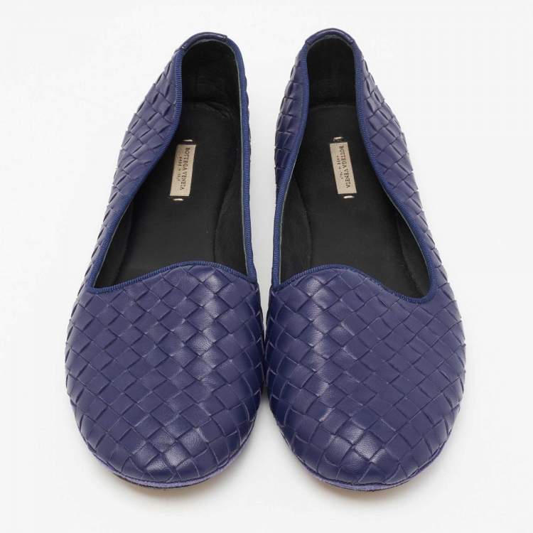 Pre Owned Bottega Veneta Blue Intrecciato Leather Smoking Slippers Size 40
