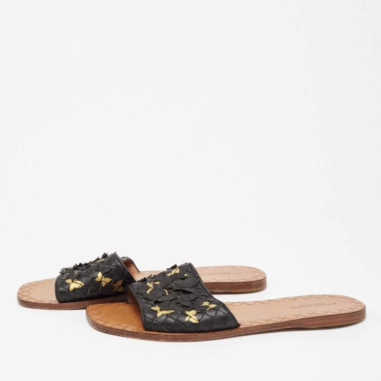 Pre Owned Bottega Veneta Black Intrecciato Leather Butterfly Ravello Flat Slides Size 39