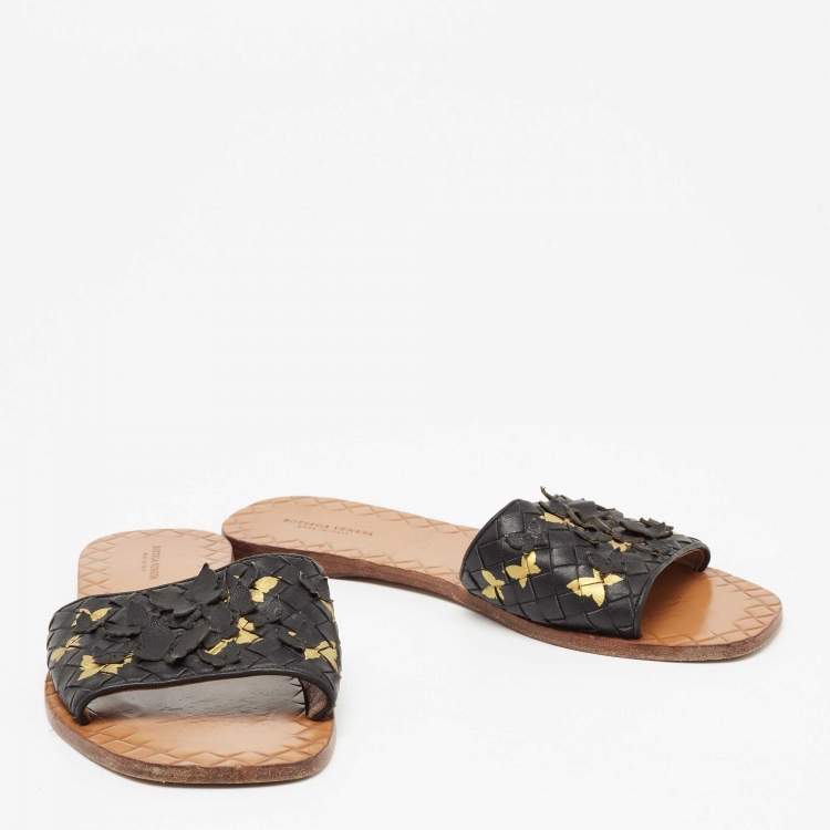 Pre Owned Bottega Veneta Black Intrecciato Leather Butterfly Ravello Flat Slides Size 39