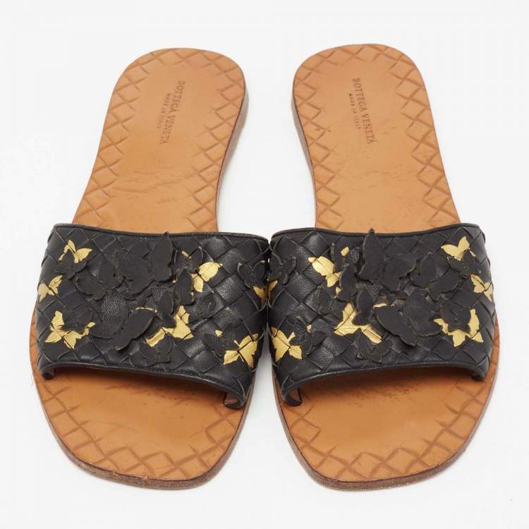 Pre Owned Bottega Veneta Black Intrecciato Leather Butterfly Ravello Flat Slides Size 39
