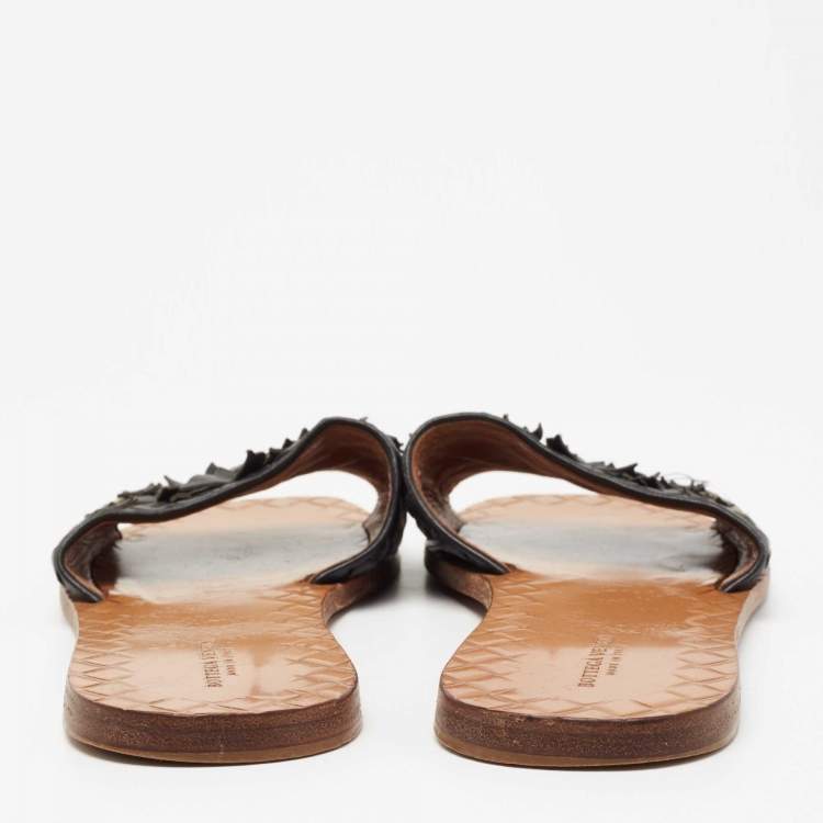 Pre Owned Bottega Veneta Black Intrecciato Leather Butterfly Ravello Flat Slides Size 39