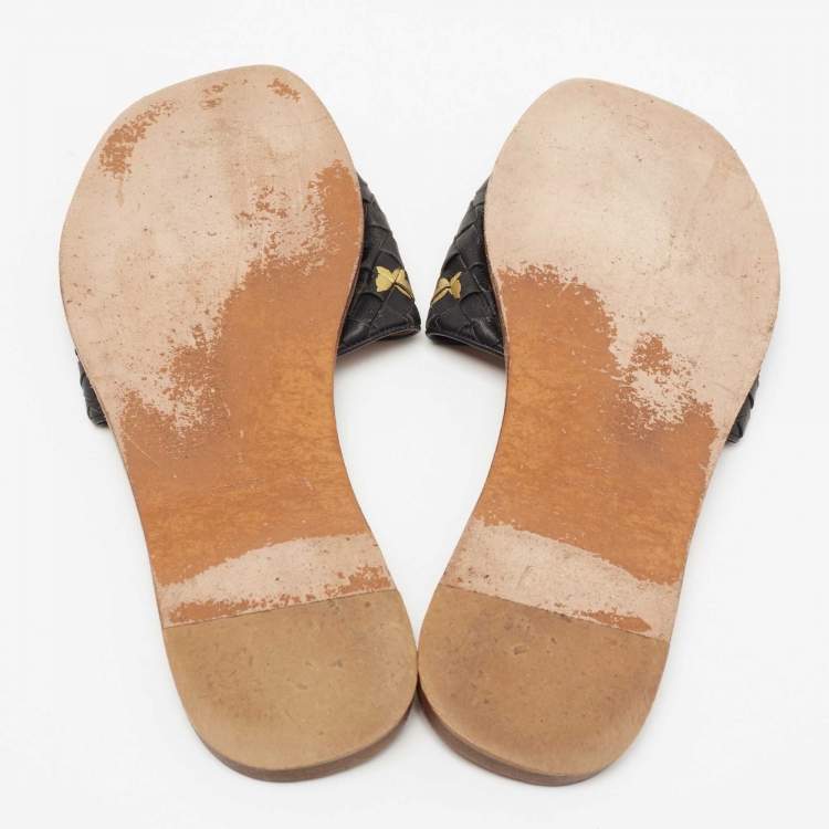 Pre Owned Bottega Veneta Black Intrecciato Leather Butterfly Ravello Flat Slides Size 39