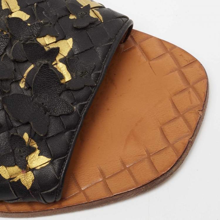 Pre Owned Bottega Veneta Black Intrecciato Leather Butterfly Ravello Flat Slides Size 39