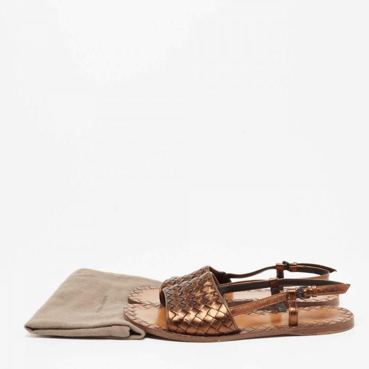 Pre Owned Bottega Veneta Bronze Intrecciato Leather Calvados Slingback Flats Size 39