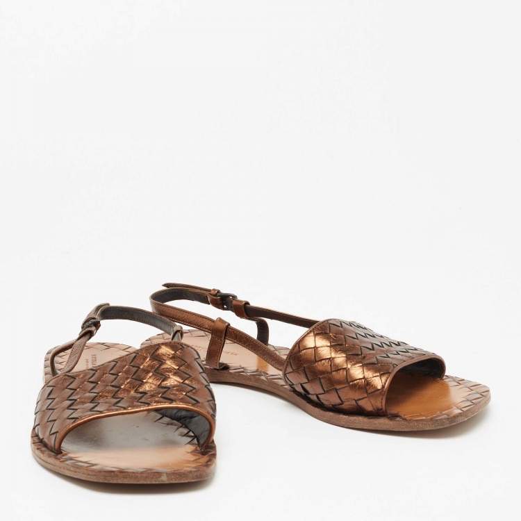 Pre Owned Bottega Veneta Bronze Intrecciato Leather Calvados Slingback Flats Size 39