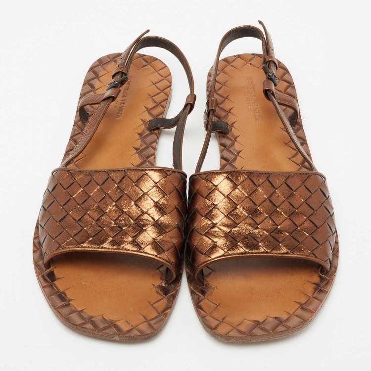 Pre Owned Bottega Veneta Bronze Intrecciato Leather Calvados Slingback Flats Size 39