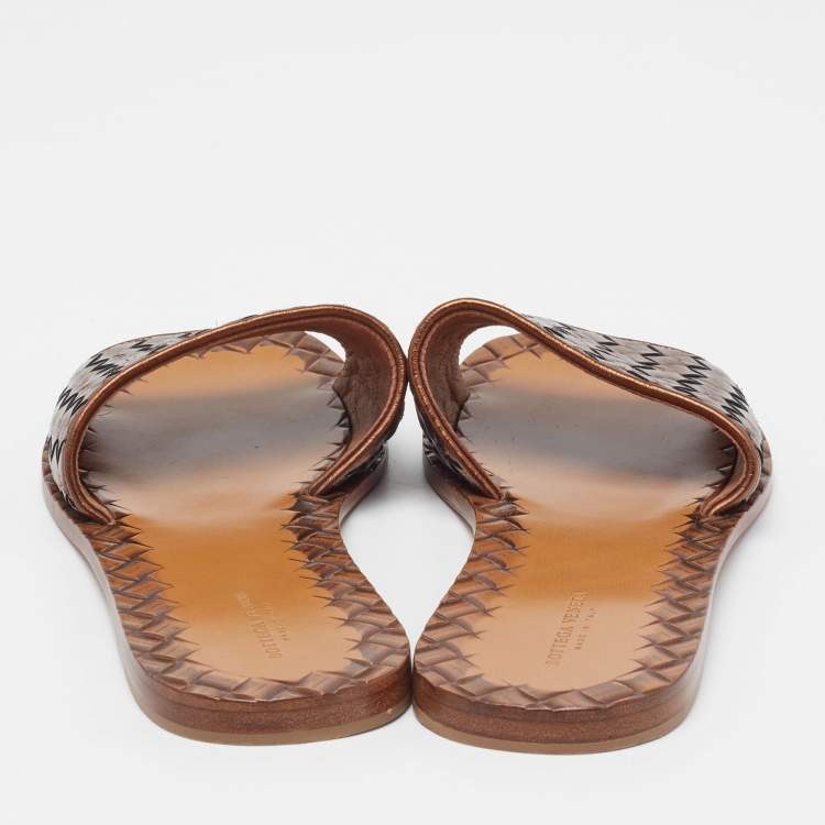 Pre Owned Bottega Veneta Bronze Intrecciato Leather Flat Slides Size 38.5