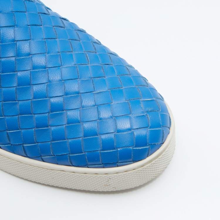 Pre Owned Bottega Veneta Blue Intrecciato Leather Slip On Sneakers Size 38.5
