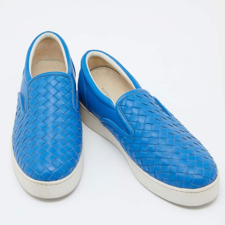 Pre Owned Bottega Veneta Blue Intrecciato Leather Slip On Sneakers Size 38.5