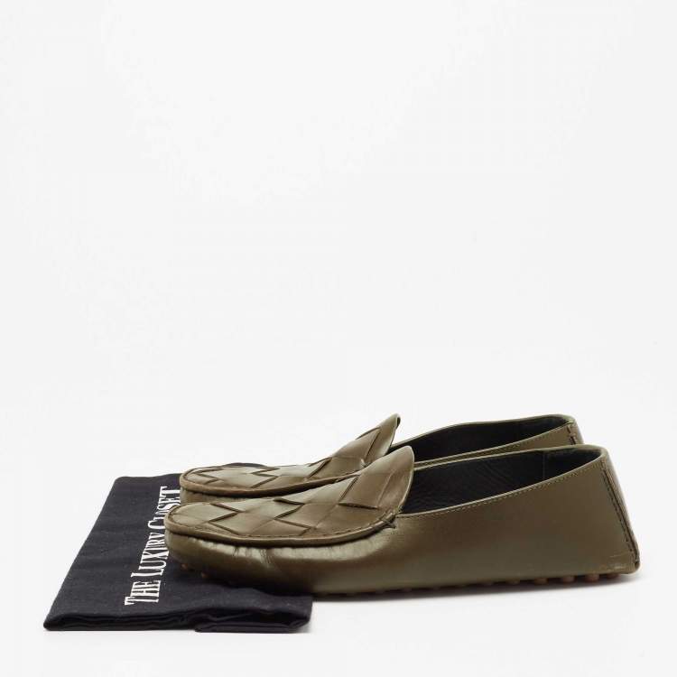 Pre Owned Bottega Veneta Olive Green Intrecciato Leather Slip On Loafers Size 39