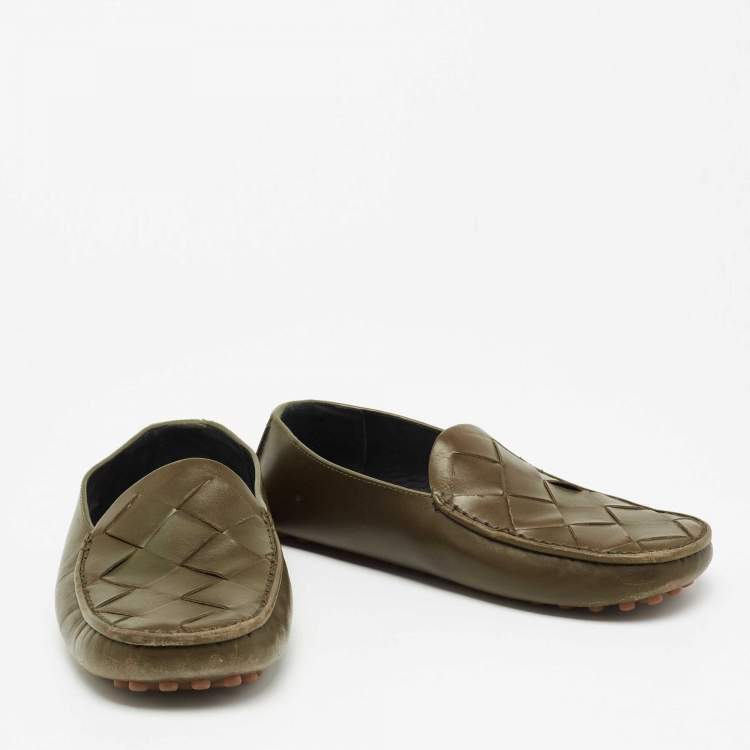 Pre Owned Bottega Veneta Olive Green Intrecciato Leather Slip On Loafers Size 39