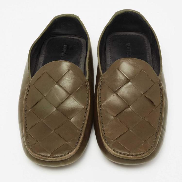 Pre Owned Bottega Veneta Olive Green Intrecciato Leather Slip On Loafers Size 39