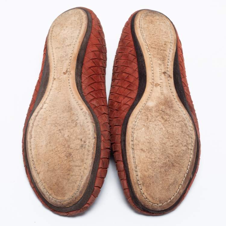 Pre Owned Bottega Veneta Rust Red Intrecciato Leather Ballet Flats Size 38