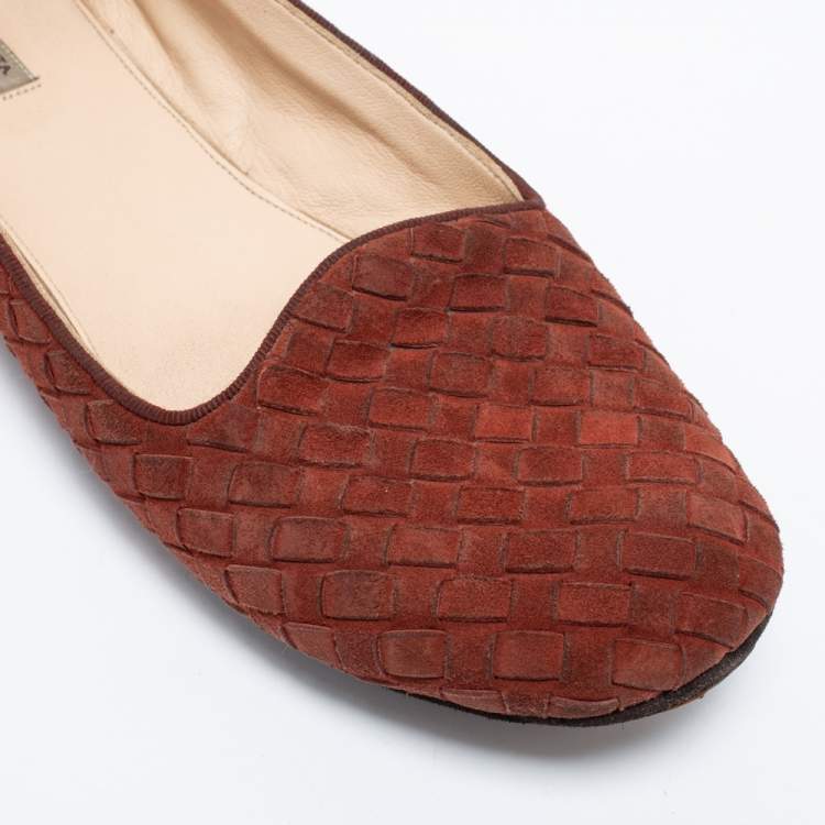 Pre Owned Bottega Veneta Rust Red Intrecciato Leather Ballet Flats Size 38