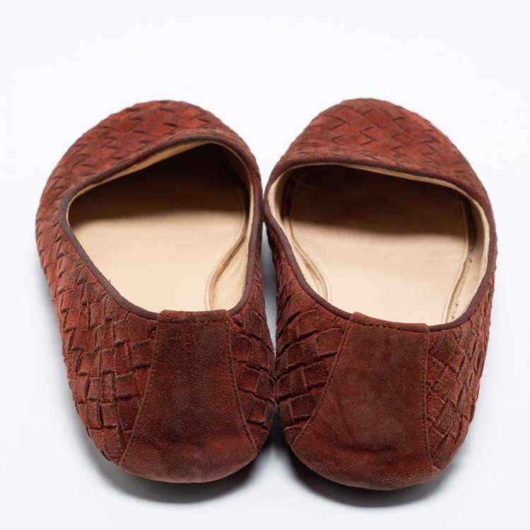 Pre Owned Bottega Veneta Rust Red Intrecciato Leather Ballet Flats Size 38