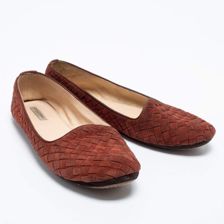 Pre Owned Bottega Veneta Rust Red Intrecciato Leather Ballet Flats Size 38
