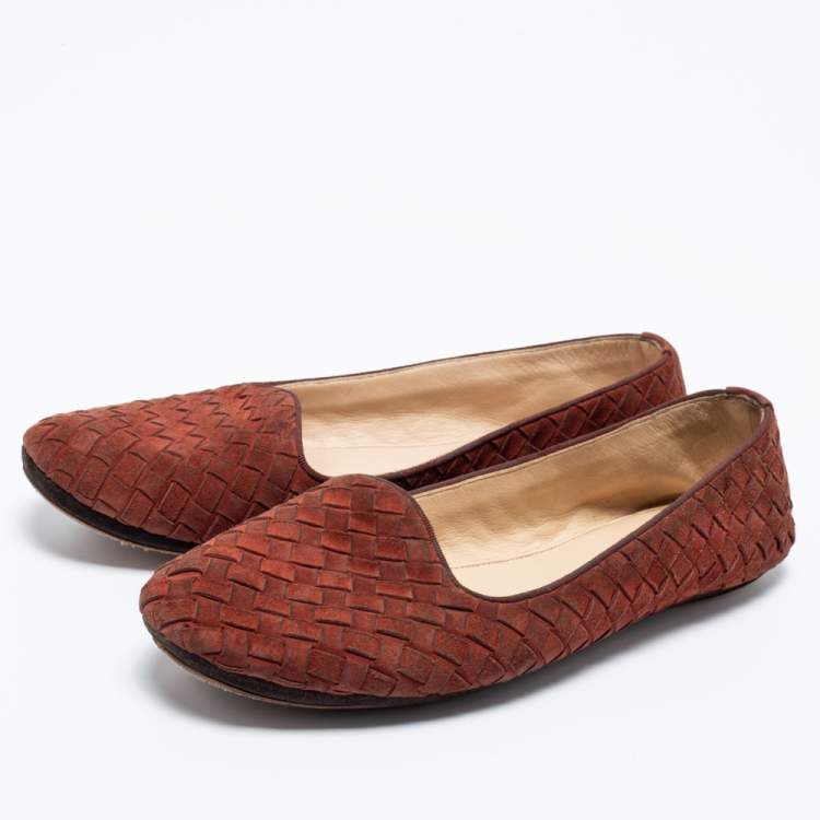 Pre Owned Bottega Veneta Rust Red Intrecciato Leather Ballet Flats Size 38