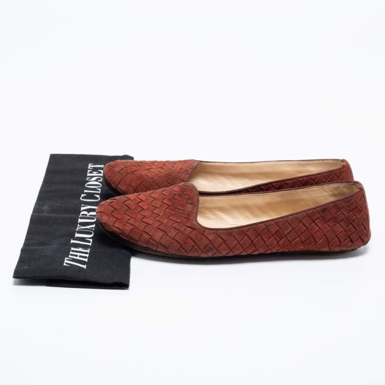 Pre Owned Bottega Veneta Rust Red Intrecciato Leather Ballet Flats Size 38