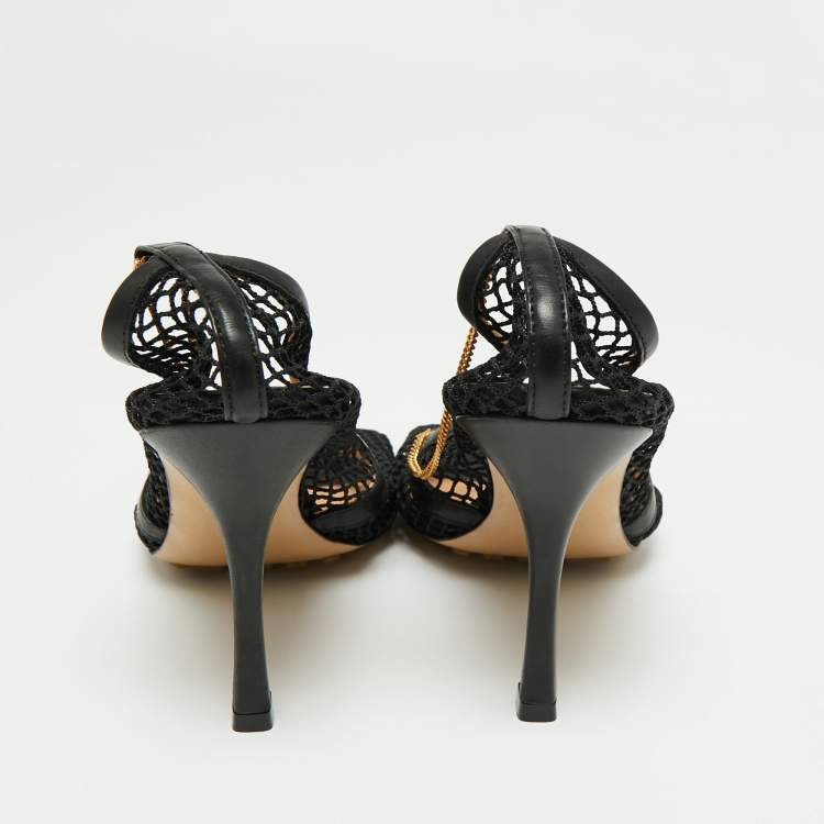 Pre Owned Bottega Veneta Black Mesh And Leather Square Toe Pumps Size 39.5