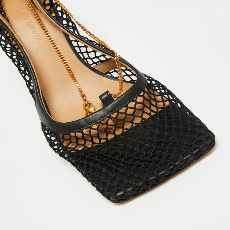 Pre Owned Bottega Veneta Black Mesh And Leather Square Toe Pumps Size 39.5