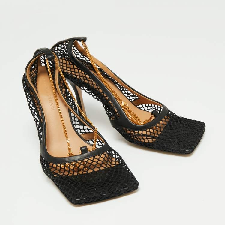 Pre Owned Bottega Veneta Black Mesh And Leather Square Toe Pumps Size 39.5