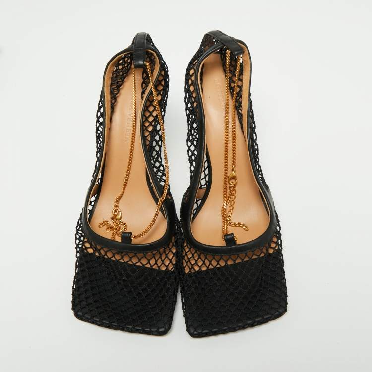 Pre Owned Bottega Veneta Black Mesh And Leather Square Toe Pumps Size 39.5