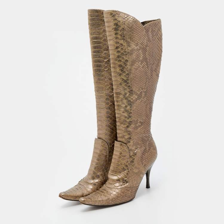 Pre Owned Bottega Veneta Metallic Two Tone Python Knee Length Boots Size 40.5