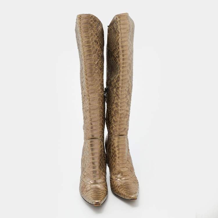 Pre Owned Bottega Veneta Metallic Two Tone Python Knee Length Boots Size 40.5
