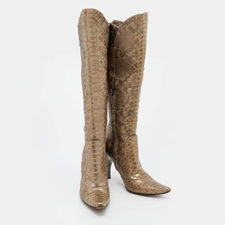 Pre Owned Bottega Veneta Metallic Two Tone Python Knee Length Boots Size 40.5