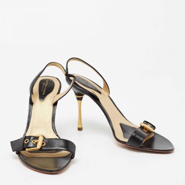 Pre Owned Bottega Veneta Black Leather Buckle Detail Slingback Sandals Size 37