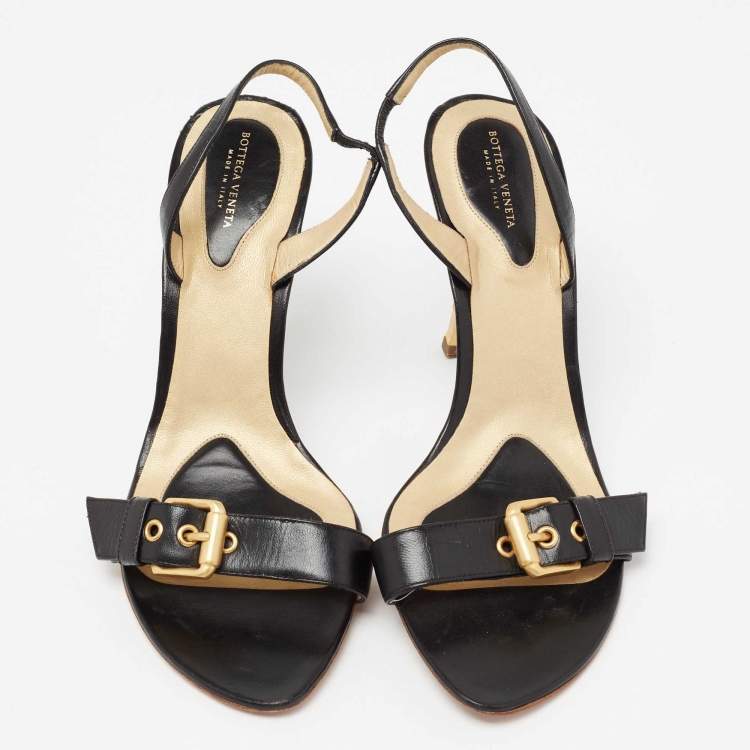 Pre Owned Bottega Veneta Black Leather Buckle Detail Slingback Sandals Size 37