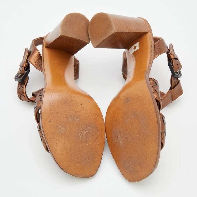 Pre Owned Bottega Veneta Metallic Bronze Intrecciato Leather Block Heel Sandals Size 38.5