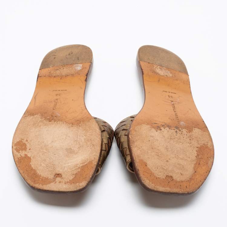 Pre Owned Bottega Veneta Gold Intrecciato Leather Flats Size 38
