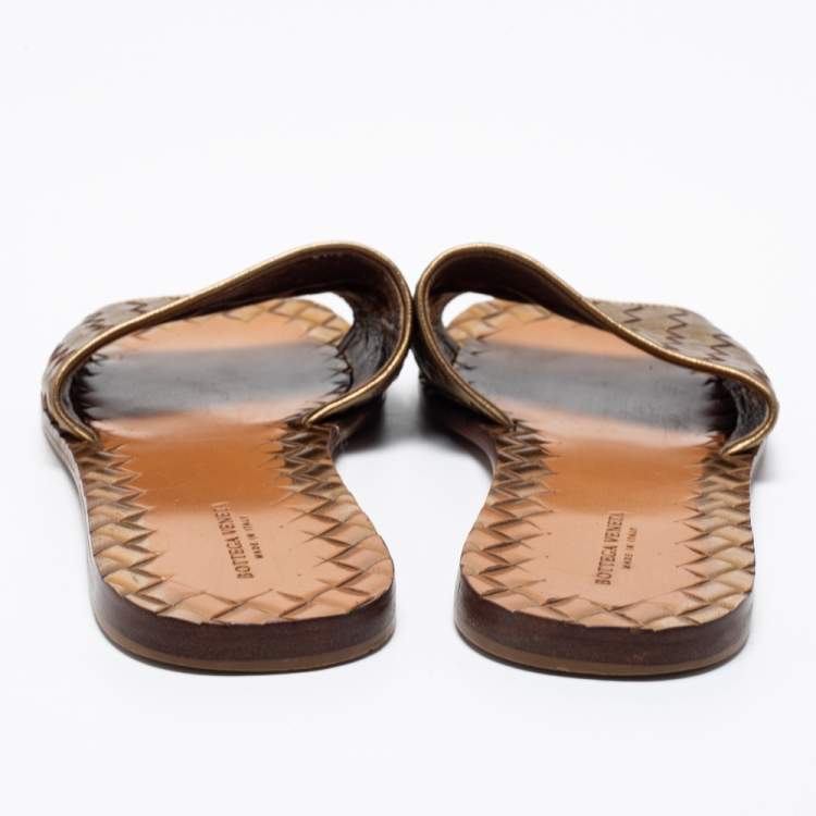 Pre Owned Bottega Veneta Gold Intrecciato Leather Flats Size 38