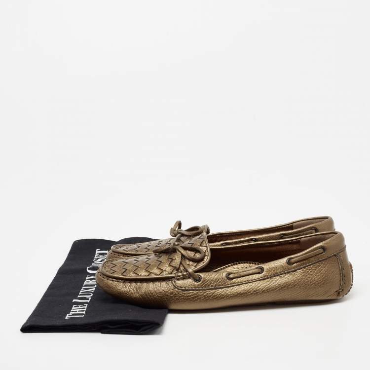Pre Owned Bottega Veneta Metallic Bronze Intrecciato Leather Bow Slip-On Loafers Size 40