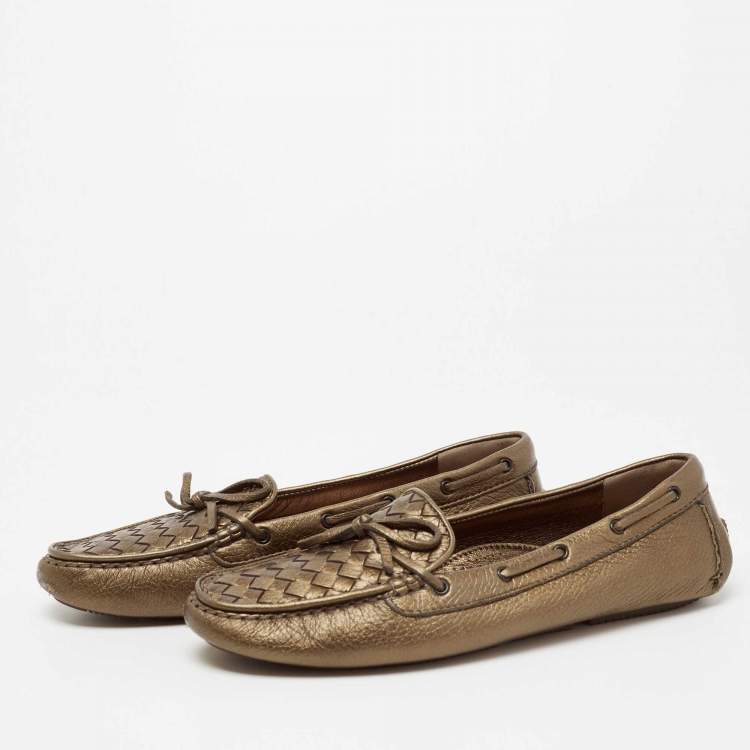 Pre Owned Bottega Veneta Metallic Bronze Intrecciato Leather Bow Slip-On Loafers Size 40