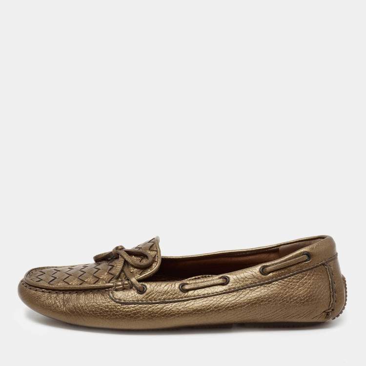 Pre Owned Bottega Veneta Metallic Bronze Intrecciato Leather Bow Slip-On Loafers Size 40