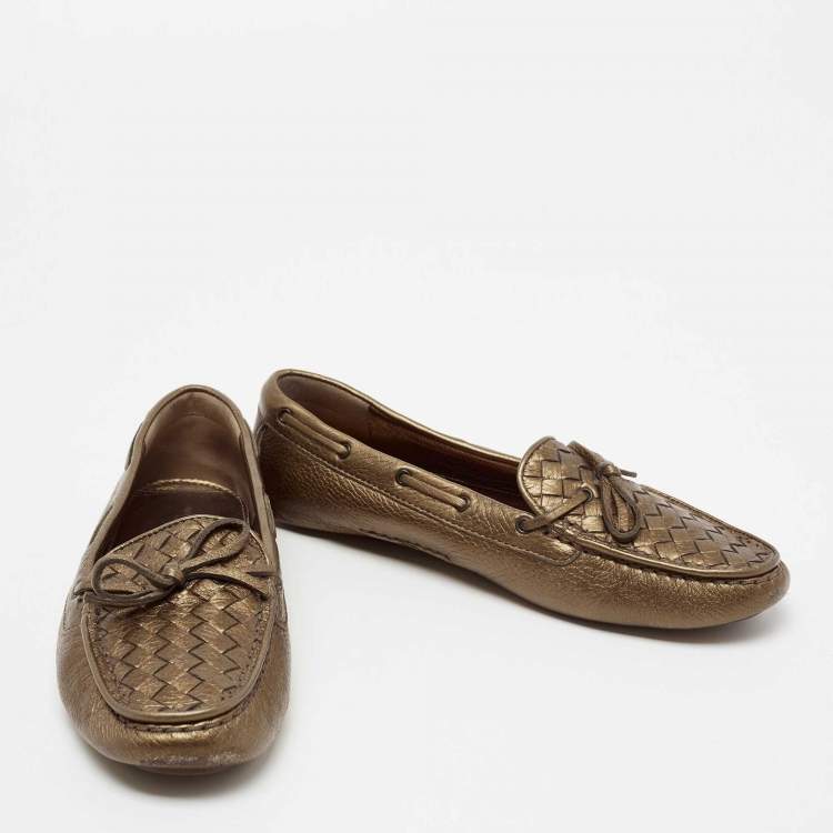 Pre Owned Bottega Veneta Metallic Bronze Intrecciato Leather Bow Slip-On Loafers Size 40