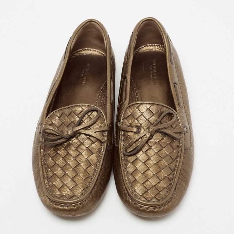 Pre Owned Bottega Veneta Metallic Bronze Intrecciato Leather Bow Slip-On Loafers Size 40