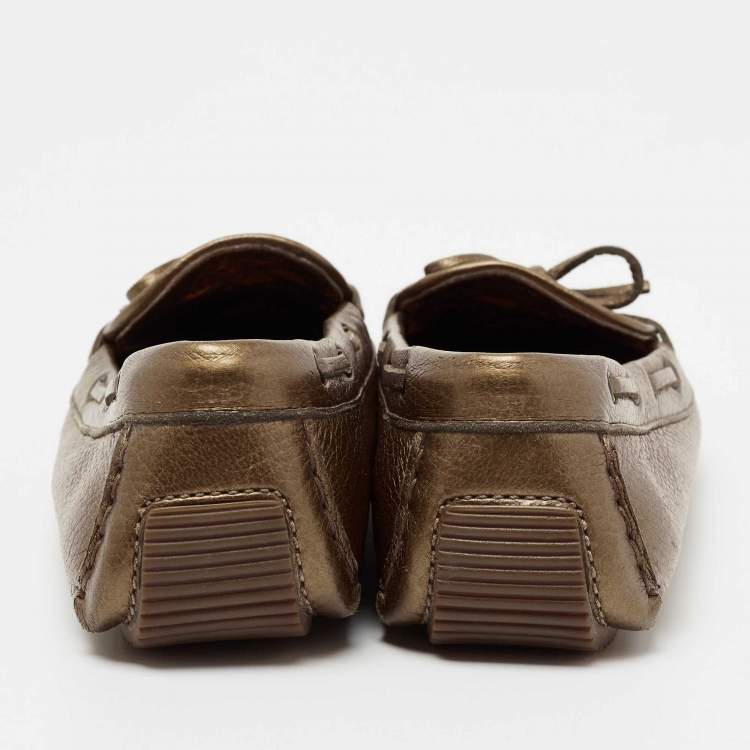 Pre Owned Bottega Veneta Metallic Bronze Intrecciato Leather Bow Slip-On Loafers Size 40