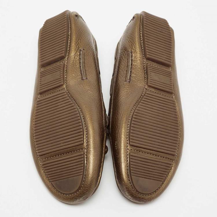 Pre Owned Bottega Veneta Metallic Bronze Intrecciato Leather Bow Slip-On Loafers Size 40