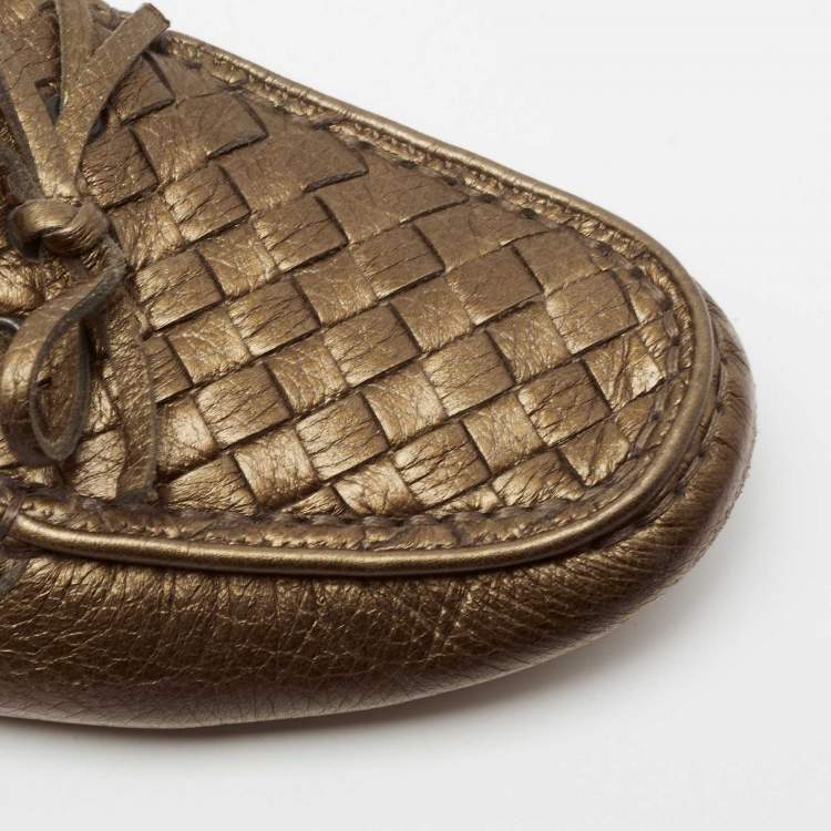 Pre Owned Bottega Veneta Metallic Bronze Intrecciato Leather Bow Slip-On Loafers Size 40