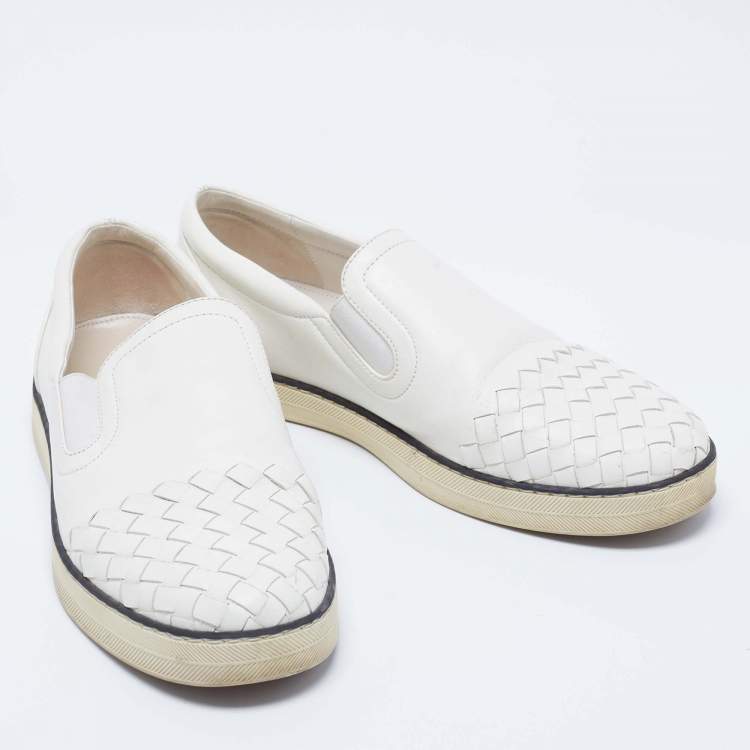 Pre Owned Bottega Veneta White Intrecciato Leather Slip-On Sneakers Size 38