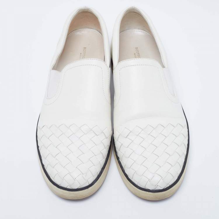 Pre Owned Bottega Veneta White Intrecciato Leather Slip-On Sneakers Size 38